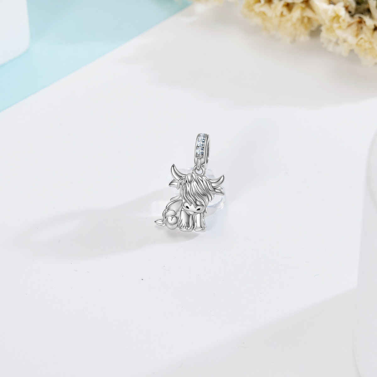 Sterling Silver Circular Shaped Cubic Zirconia Highland Cow Pendant Charms-3