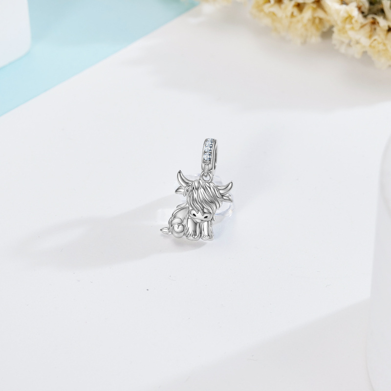 Sterling Silver Circular Shaped Cubic Zirconia Highland Cow Pendant Charms-3