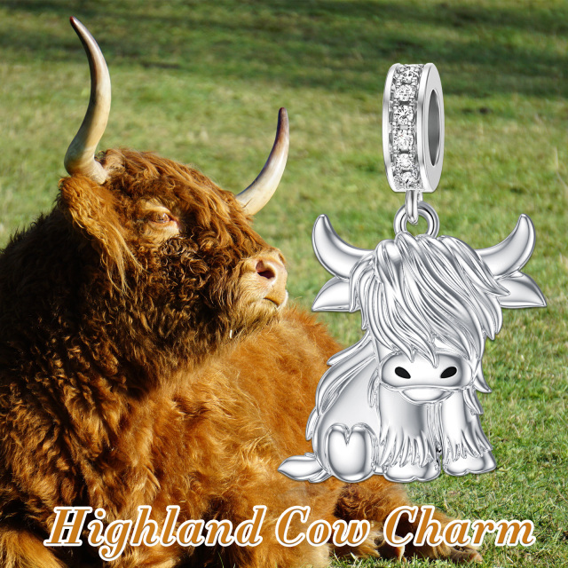 Sterling Silver Circular Shaped Cubic Zirconia Highland Cow Pendant Charms-5