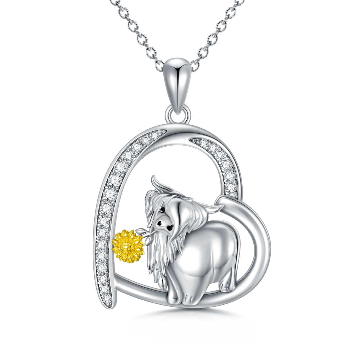 Collier avec pendentif en forme de cœur en forme de tournesol et de vache des Highlands en argent sterling plaqué or jaune pour femme-1