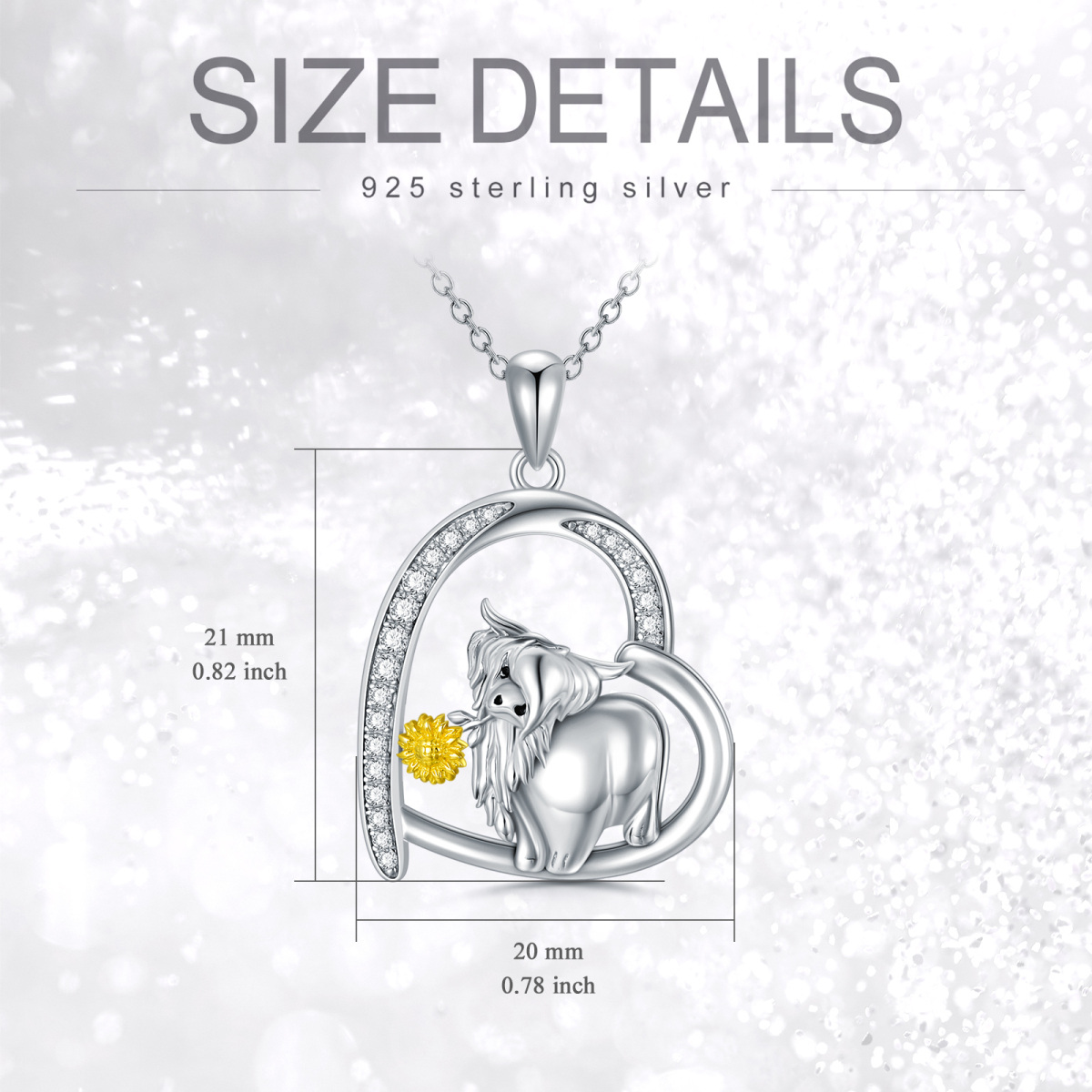 Sterling Silver With Yellow Gold Plated Cubic Zirconia Highland Cow Sunflower Heart Pendant Necklace For Women-3