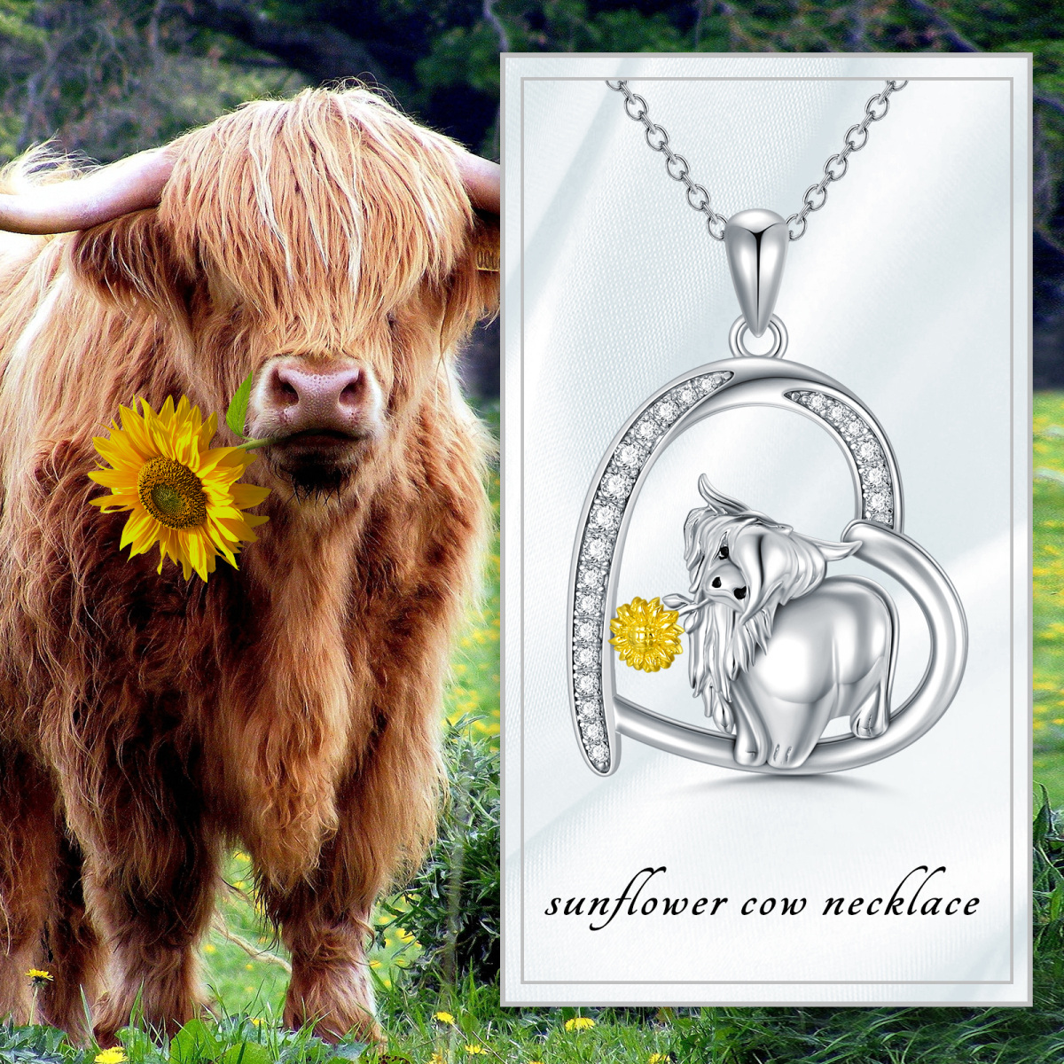 Collier avec pendentif en forme de cœur en forme de tournesol et de vache des Highlands en argent sterling plaqué or jaune pour femme-4