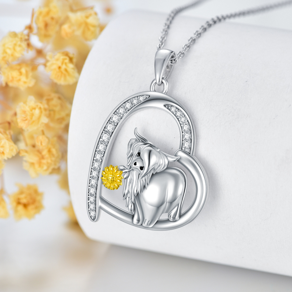 Sterling Silver With Yellow Gold Plated Cubic Zirconia Highland Cow Sunflower Heart Pendant Necklace For Women-5