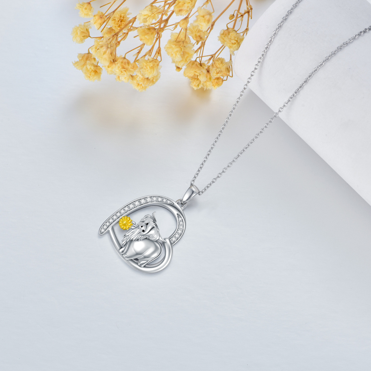 Collier avec pendentif en forme de cœur en forme de tournesol et de vache des Highlands en argent sterling plaqué or jaune pour femme-6