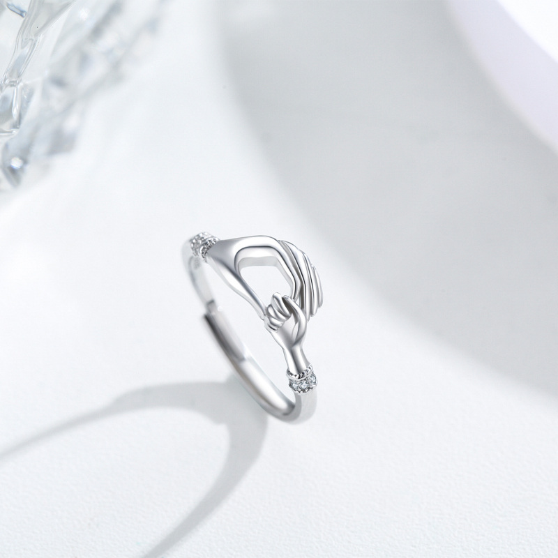 Sterling Silver Round Shaped Cubic Zirconia Hold Hands Open Ring-3
