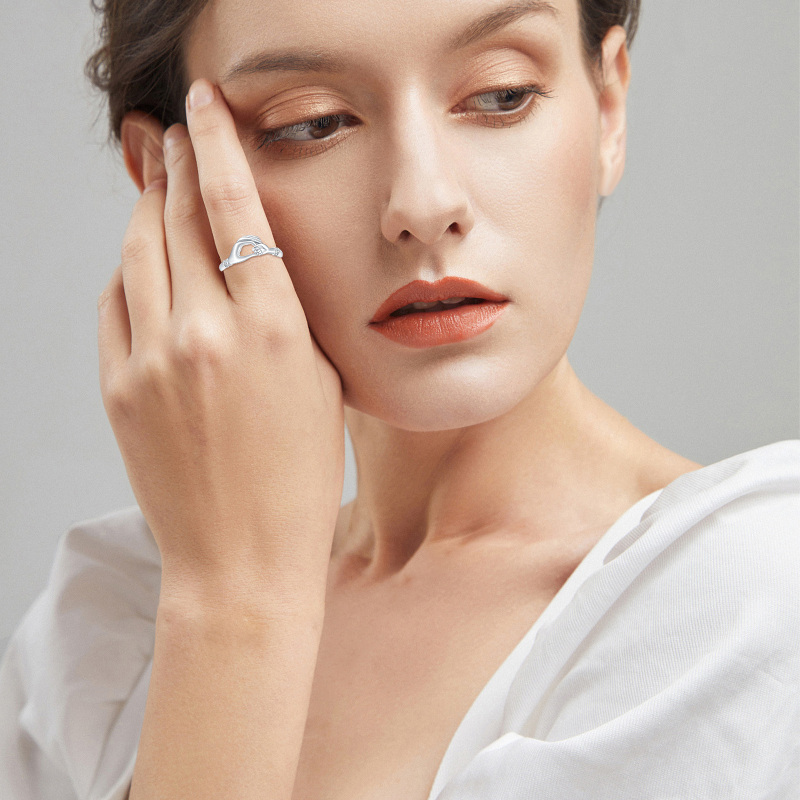 Sterling Silver Round Shaped Cubic Zirconia Hold Hands Open Ring-5