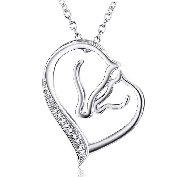 Sterling zilveren cirkelvormige cubic zirkonia paard en hart hanger ketting-1