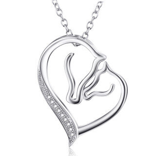 Sterling Silver Circular Shaped Cubic Zirconia Horse & Heart Pendant Necklace-57