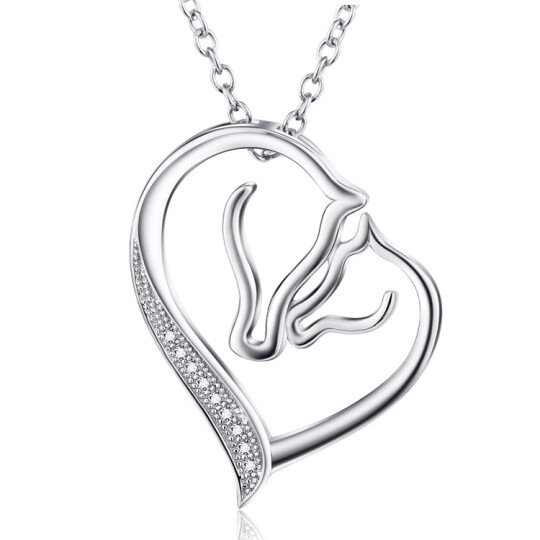 Sterling Silver Circular Shaped Cubic Zirconia Horse & Heart Pendant Necklace