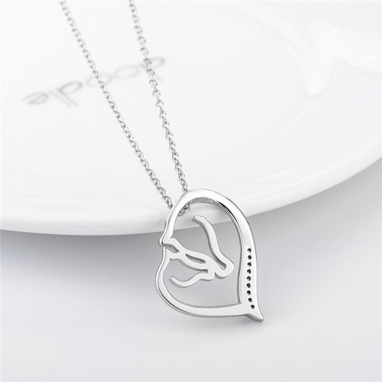 Sterling Silver Circular Shaped Cubic Zirconia Horse & Heart Pendant Necklace-3