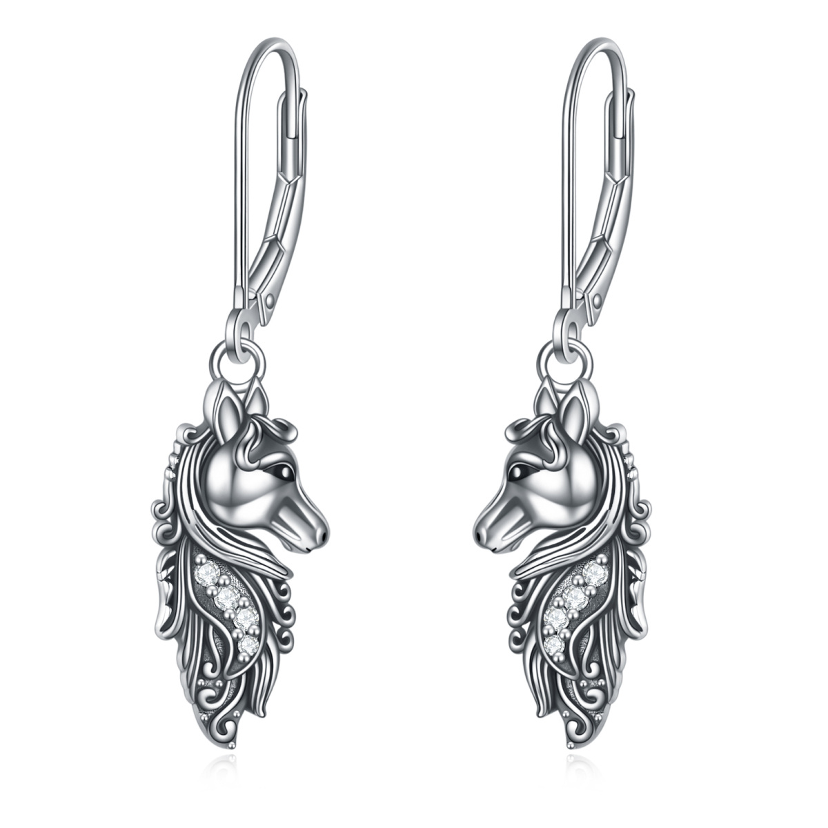 Sterling Silver Circular Shaped Cubic Zirconia Horse Lever-back Earrings-1