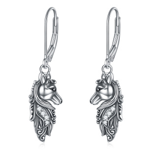 Sterling Silver Circular Shaped Cubic Zirconia Horse Lever-back Earrings-13