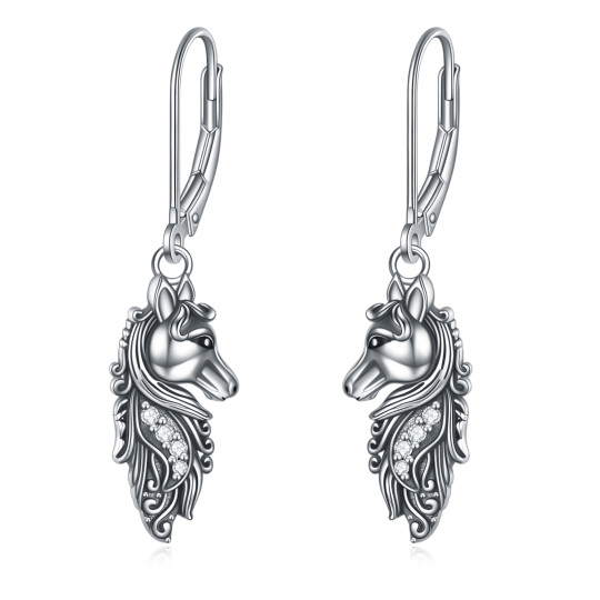 Sterling Silver Circular Shaped Cubic Zirconia Horse Lever-back Earrings