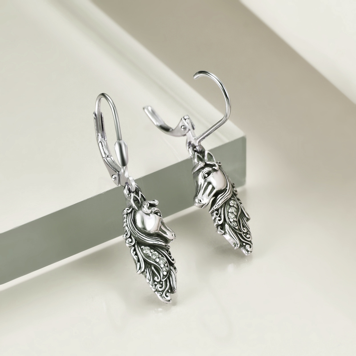 Sterling Silver Circular Shaped Cubic Zirconia Horse Lever-back Earrings-3