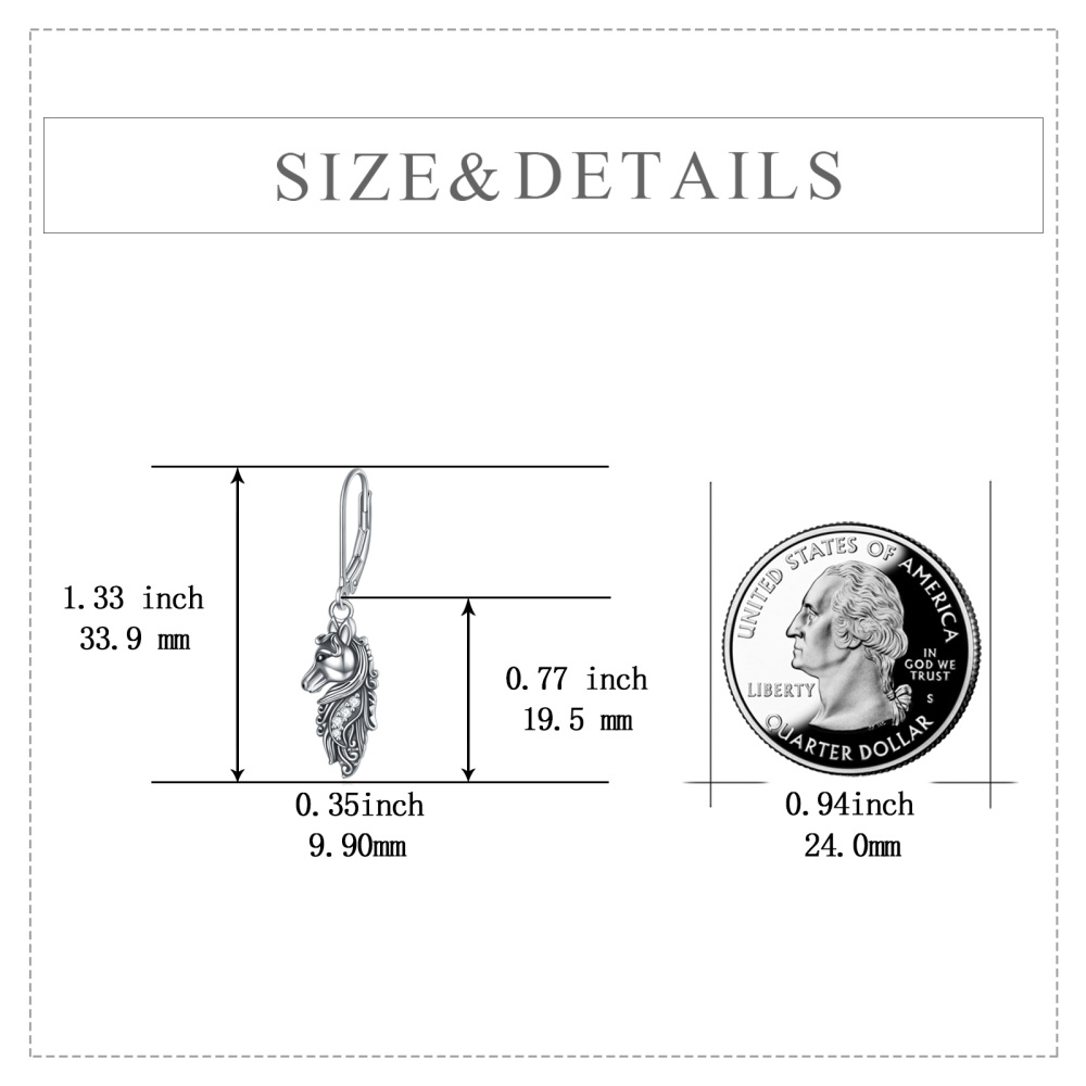Sterling Silver Circular Shaped Cubic Zirconia Horse Lever-back Earrings-5