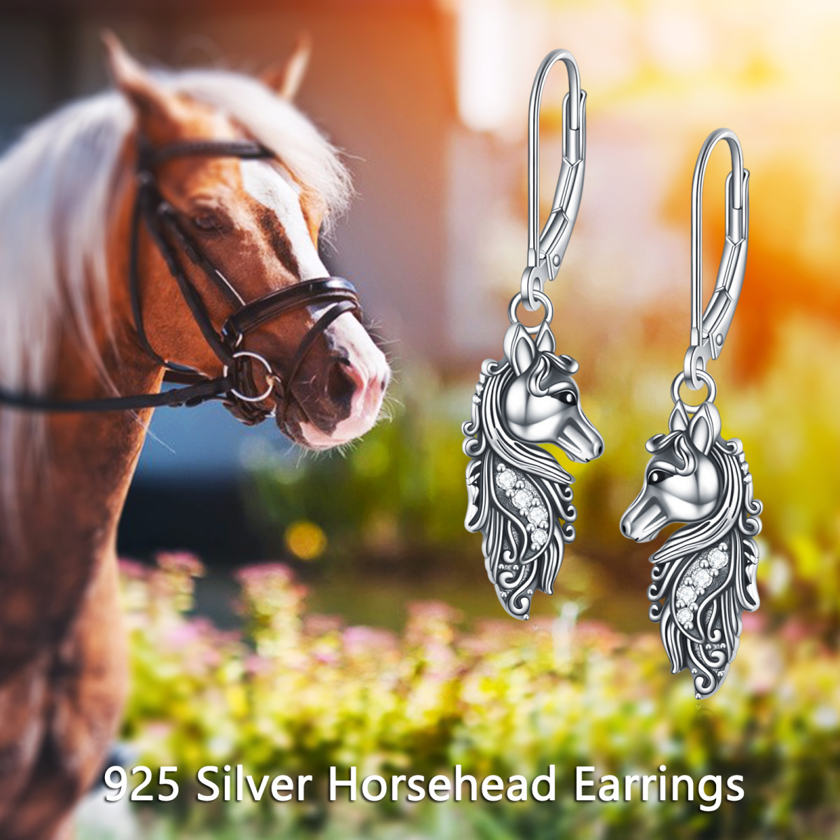 Sterling Silver Circular Shaped Cubic Zirconia Horse Lever-back Earrings-6