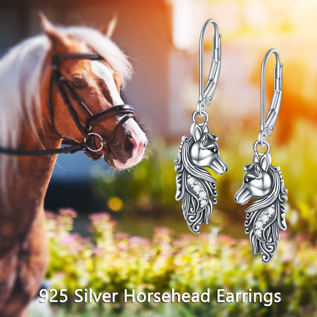 Sterling Silver Circular Shaped Cubic Zirconia Horse Lever-back Earrings-6