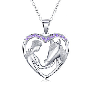 Sterling Silver Circular Shaped Cubic Zirconia Horse Pendant Necklace-33