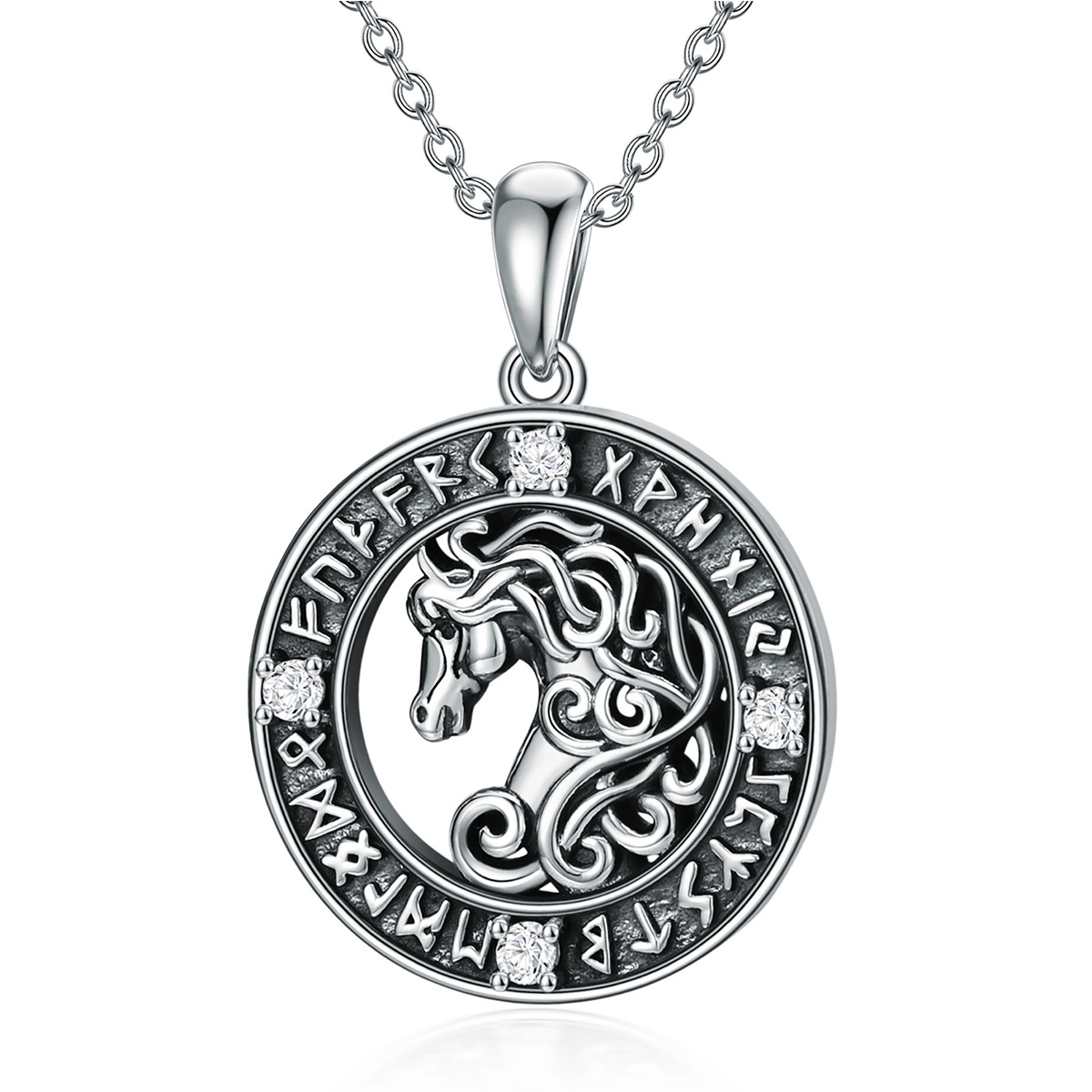 Sterling Silver Circular Cubic Zirconia Horse Viking Rune Pendant Necklace For Men-1