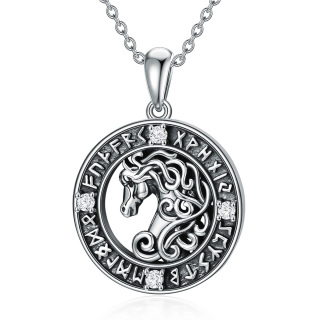 Sterling Silver Circular Cubic Zirconia Horse Viking Rune Pendant Necklace For Men-16