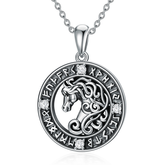 Sterling Silver Circular Shaped Cubic Zirconia Horse & Round & Viking Rune Pendant Necklace