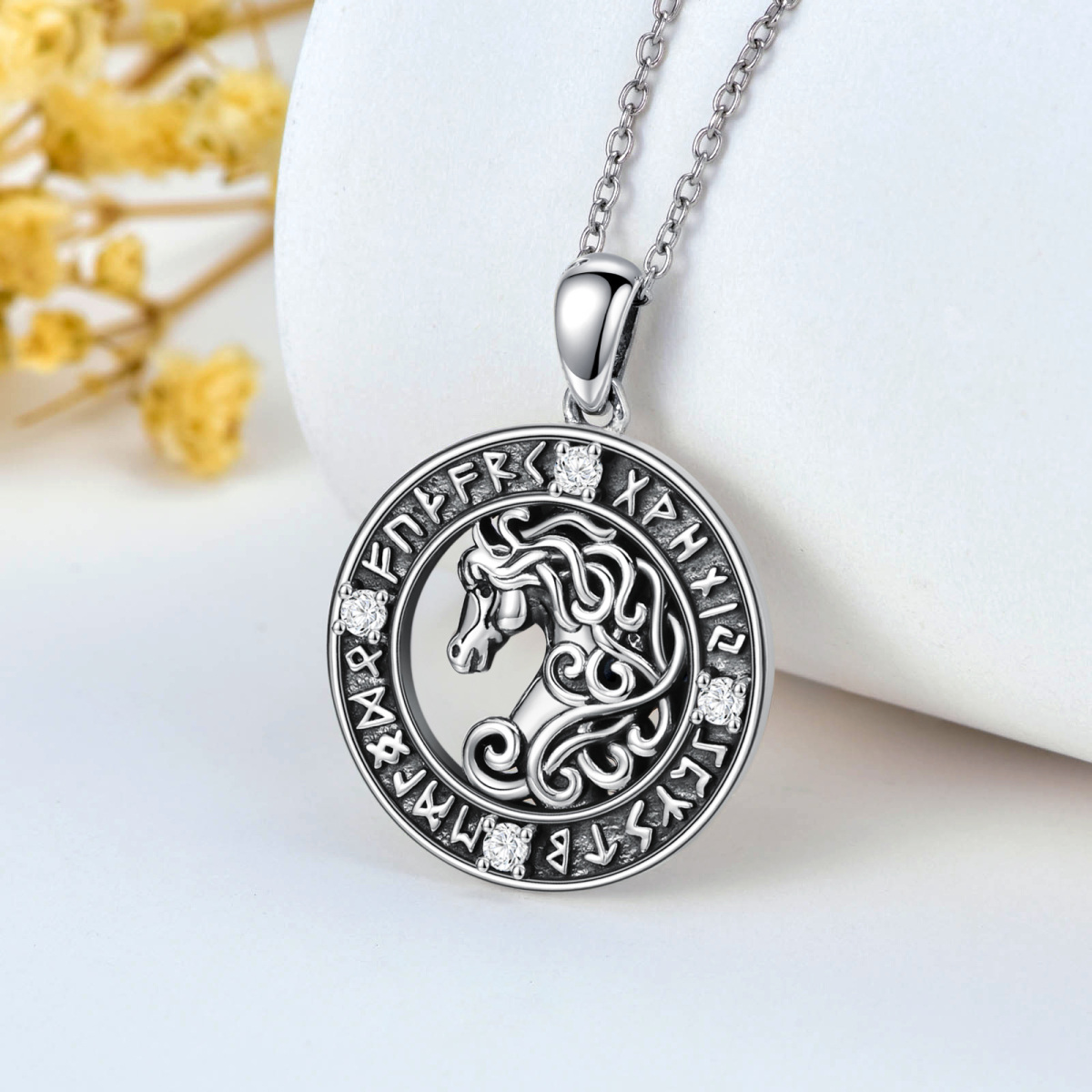 Sterling Silver Circular Cubic Zirconia Horse Viking Rune Pendant Necklace For Men-3