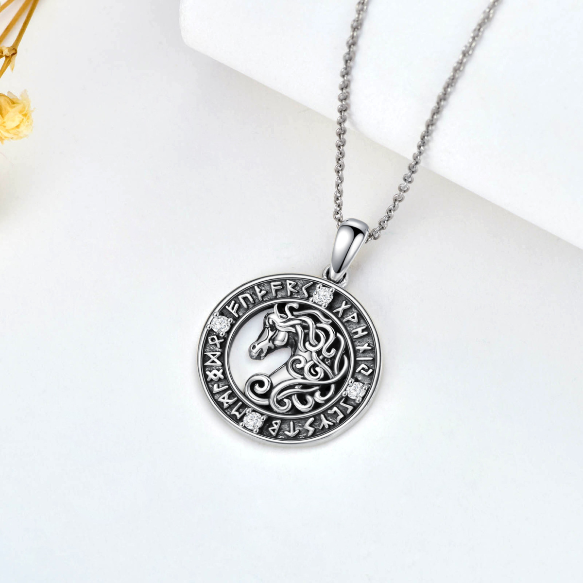 Sterling Silver Circular Cubic Zirconia Horse Viking Rune Pendant Necklace For Men-4