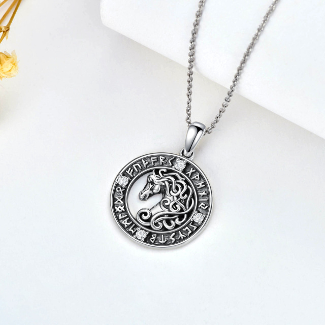 Sterling Silver Circular Shaped Cubic Zirconia Horse & Round & Viking Rune Pendant Necklace-4