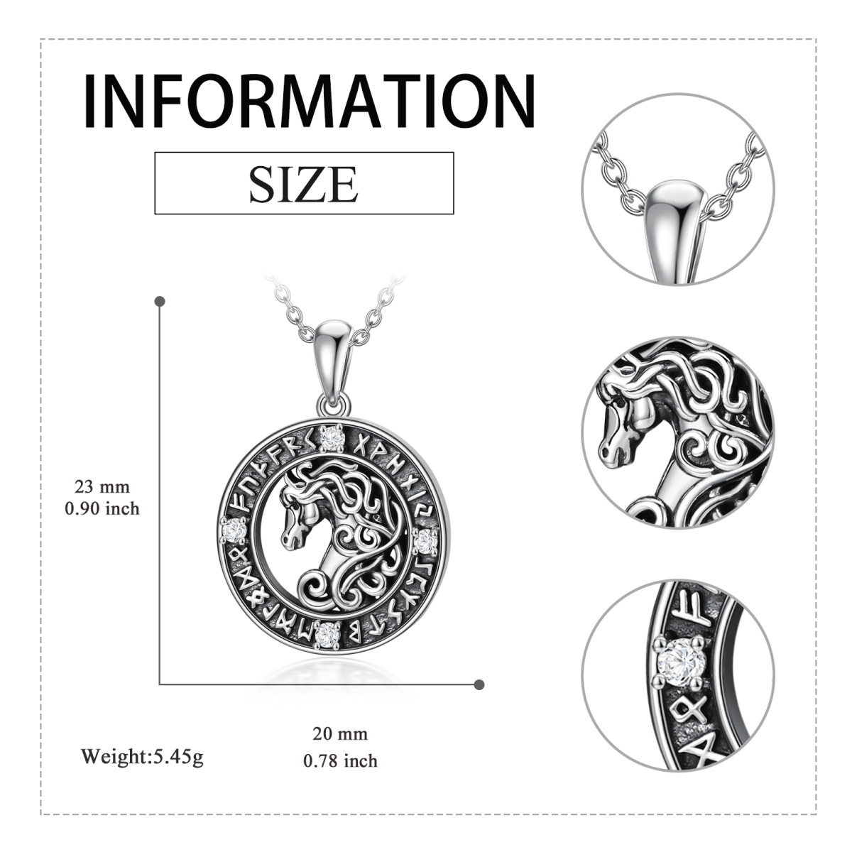 Sterling Silver Circular Cubic Zirconia Horse Viking Rune Pendant Necklace For Men-5