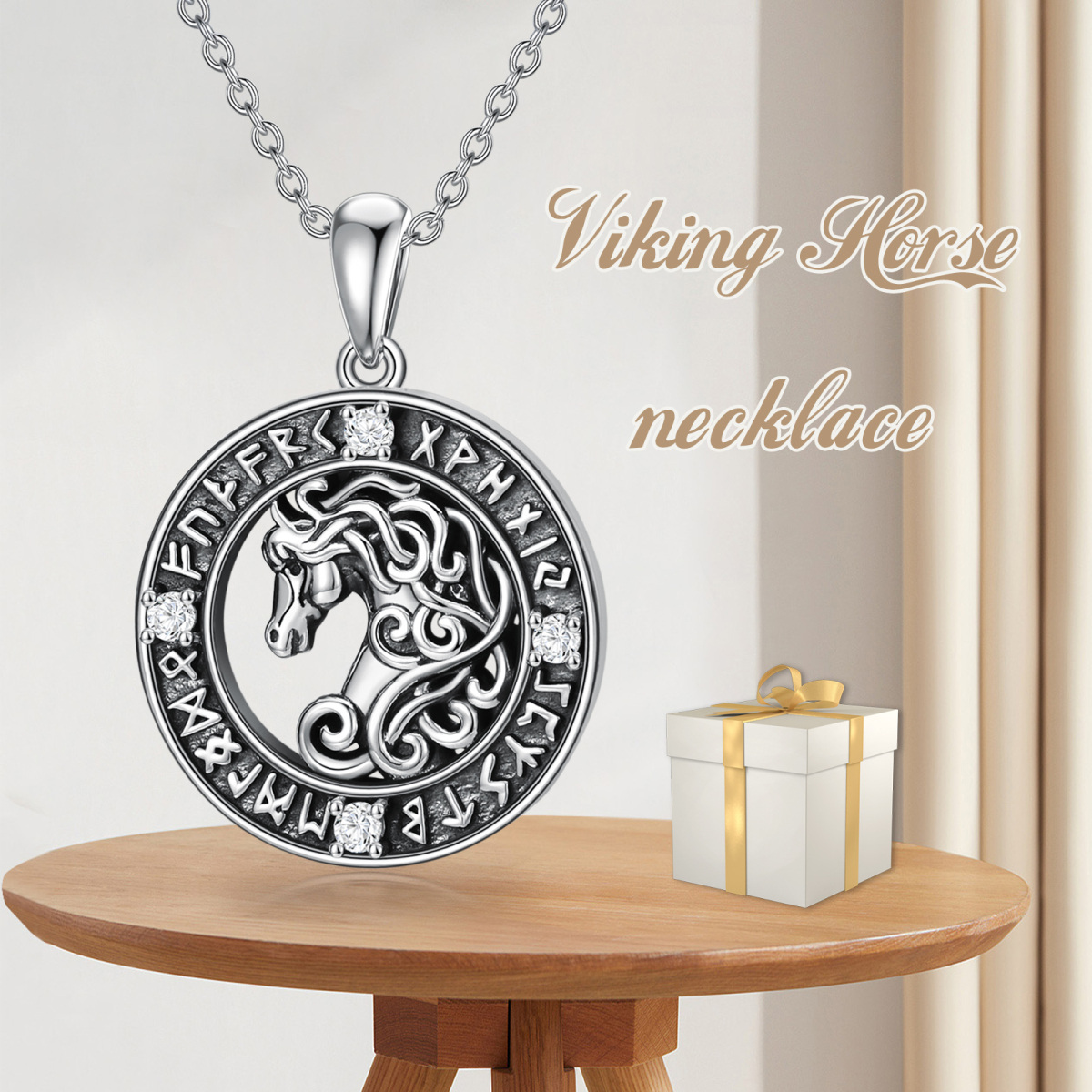 Sterling Silver Circular Cubic Zirconia Horse Viking Rune Pendant Necklace For Men-6