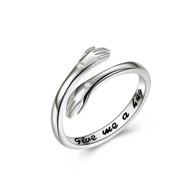 Anello aperto con abbraccio in argento sterling a forma di cerchio con zirconia cubica e parola incisa-1