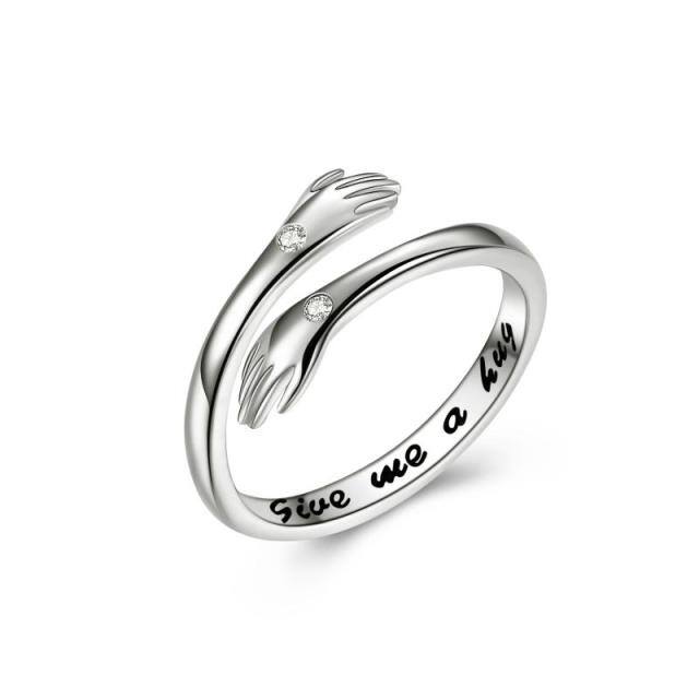 Sterling Silver Circular Shaped Cubic Zirconia Hug Open Ring with Engraved Word