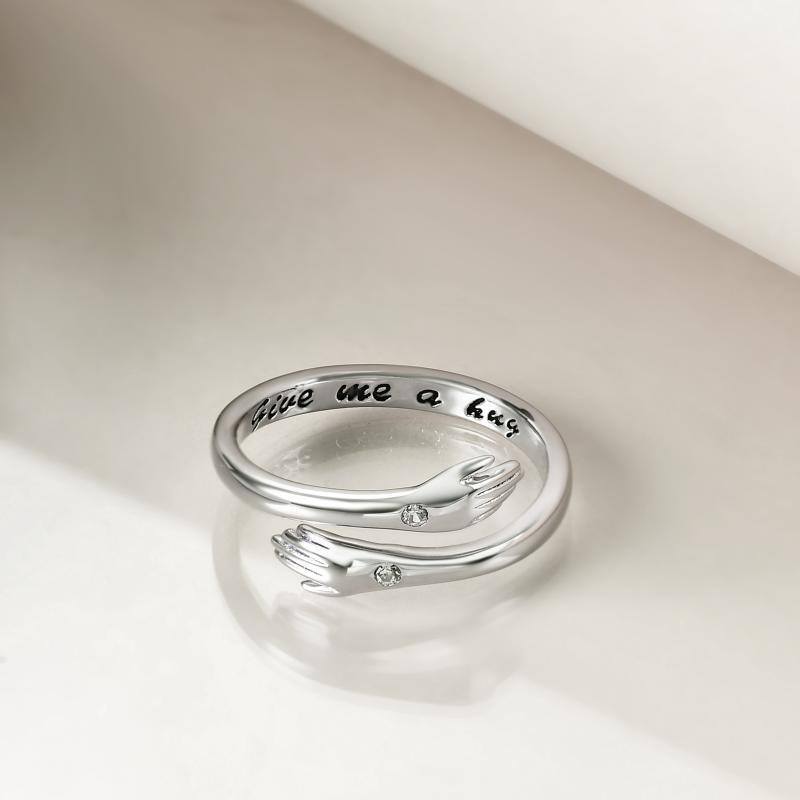 Anello aperto con abbraccio in argento sterling a forma di cerchio con zirconia cubica e parola incisa-3