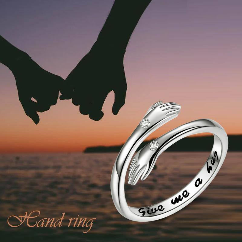 Anello aperto con abbraccio in argento sterling a forma di cerchio con zirconia cubica e parola incisa-6