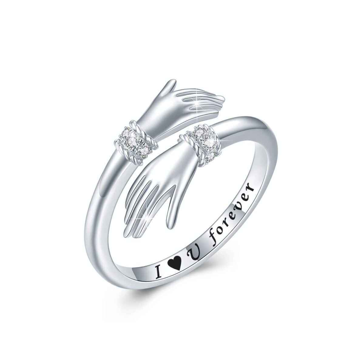 Sterling Silber kreisförmig Cubic Zirkonia Hug Open Ring mit eingraviertem Wort-1