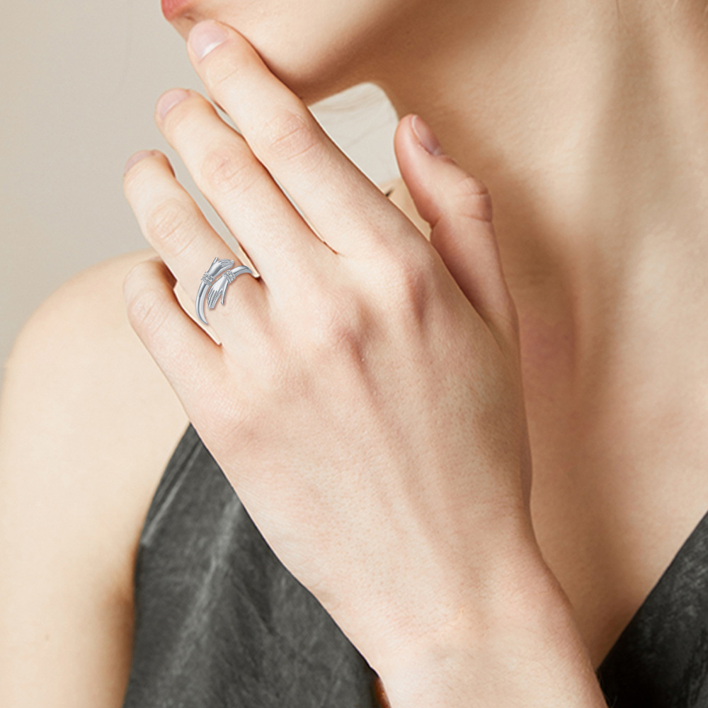 Sterling Silver Cubic Zirconia Hug Open Ring with Engraved Word-3