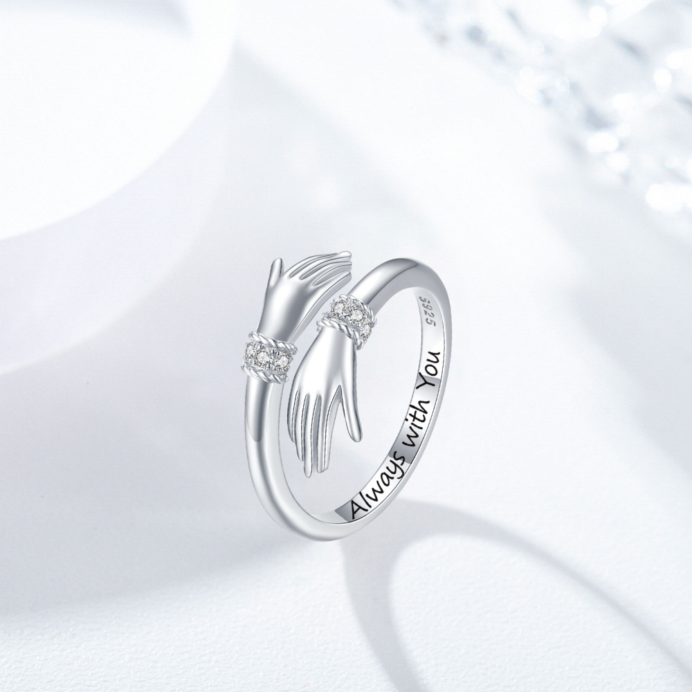 Sterling Silver Cubic Zirconia Hug Open Ring with Engraved Word-4