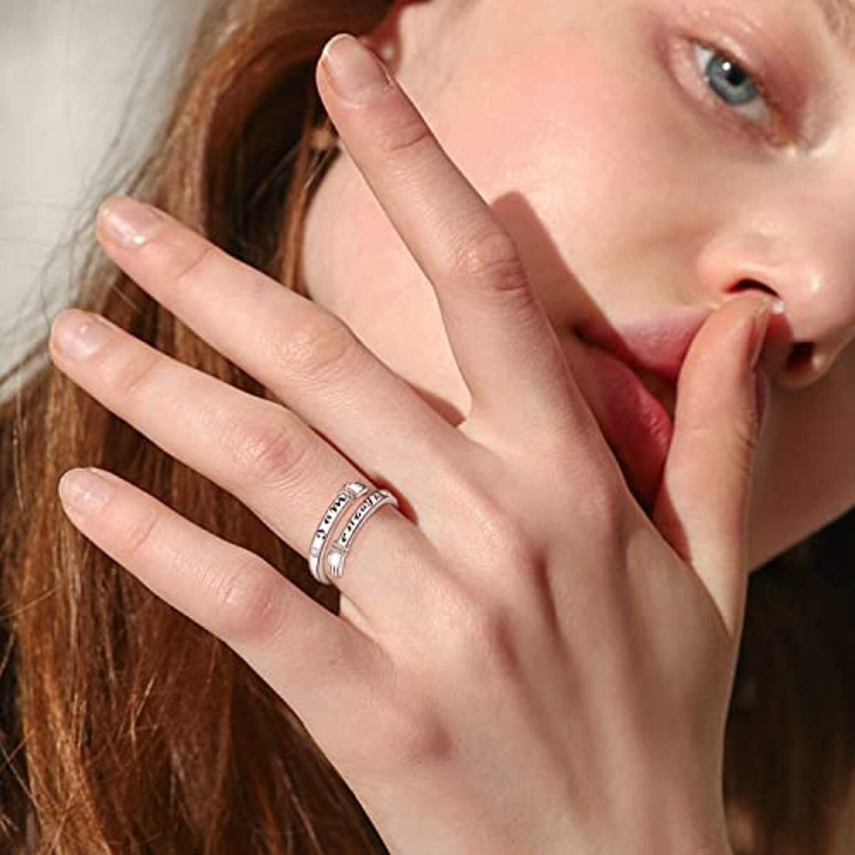 Sterling Silver Circular Shaped Cubic Zirconia Hug Open Ring with Engraved Word-2