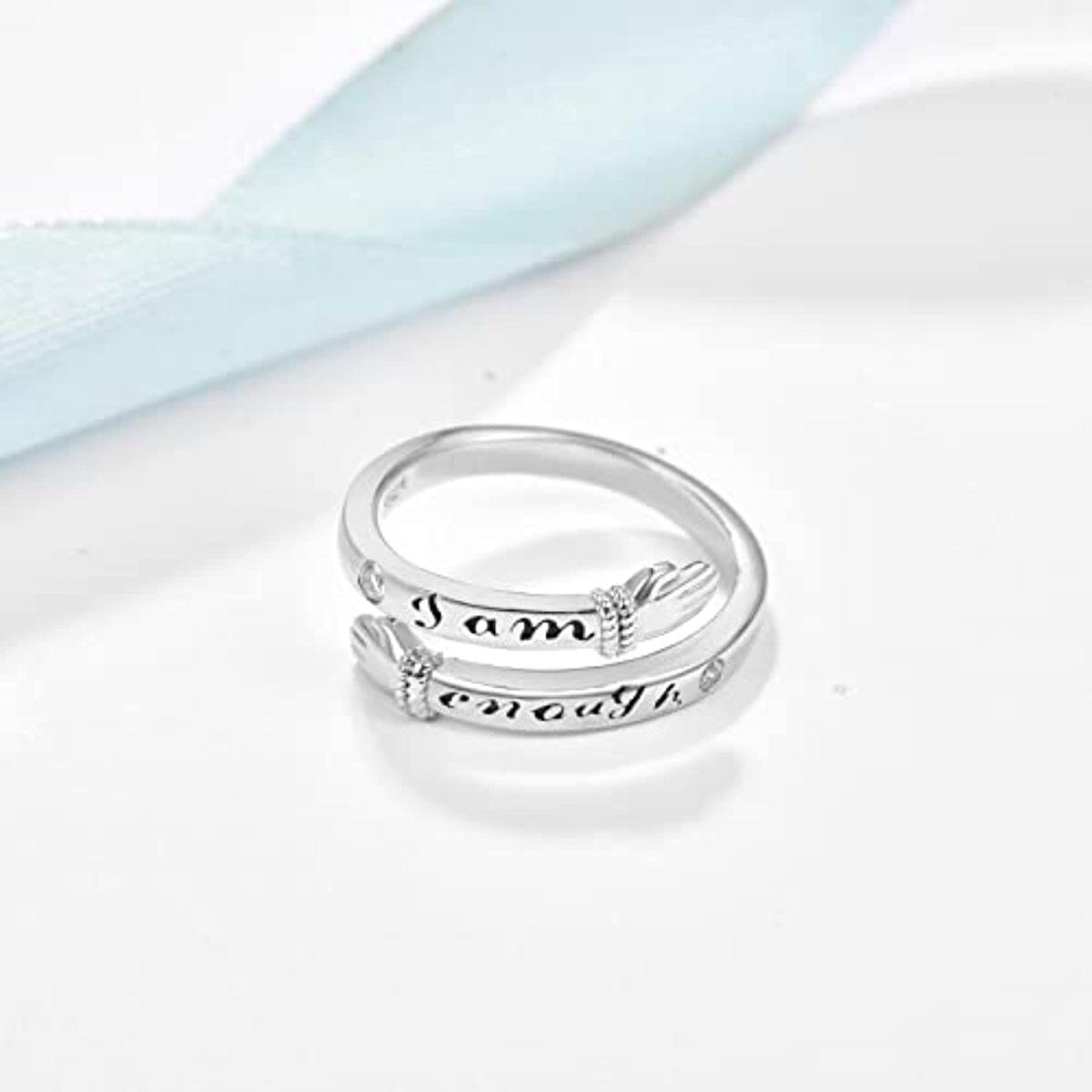 Sterling Silver Circular Shaped Cubic Zirconia Hug Open Ring with Engraved Word-4