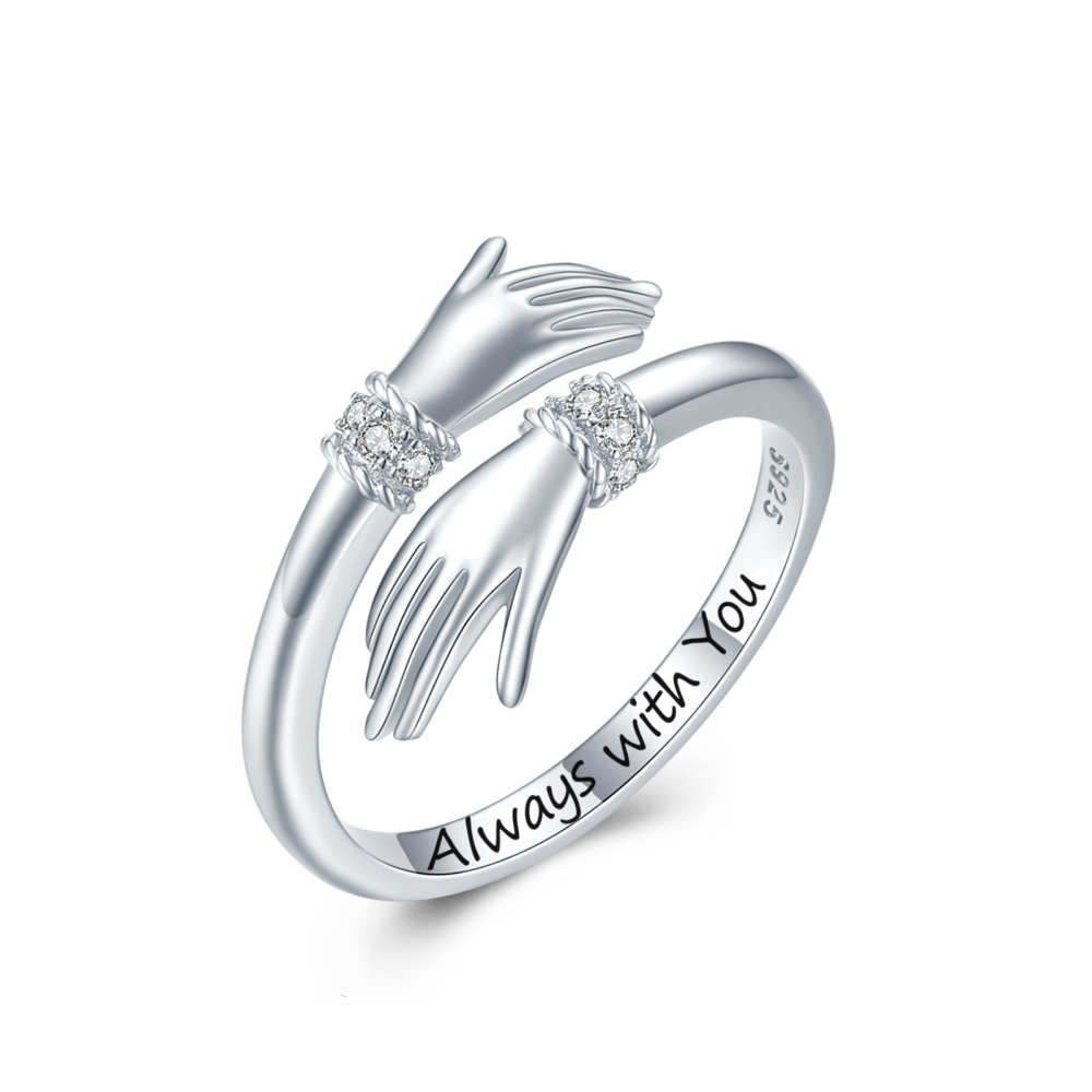 Sterling Silver Cubic Zirconia Hug Open Ring with Engraved Word-1