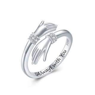 Sterling Silver Cubic Zirconia Hug Open Ring with Engraved Word-56