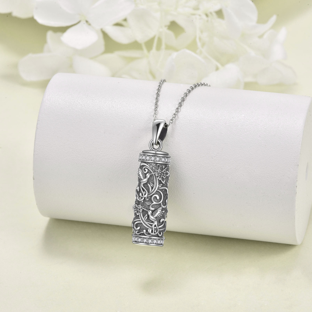Sterling Silver Circular Shaped Cubic Zirconia Hummingbird & Bar Urn Necklace for Ashes-4
