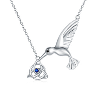 Sterling Silver Circular Shaped Cubic Zirconia Hummingbird & Celtic Knot Pendant Necklace-60