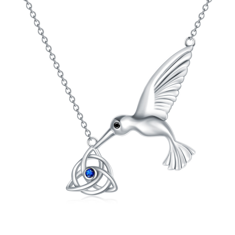 Sterling Silver Circular Shaped Cubic Zirconia Hummingbird & Celtic Knot Pendant Necklace-15