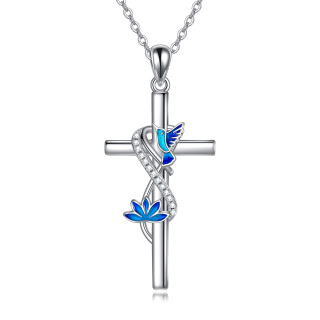 Sterling Silver Circular Shaped Cubic Zirconia Hummingbird & Cross Pendant Necklace-8