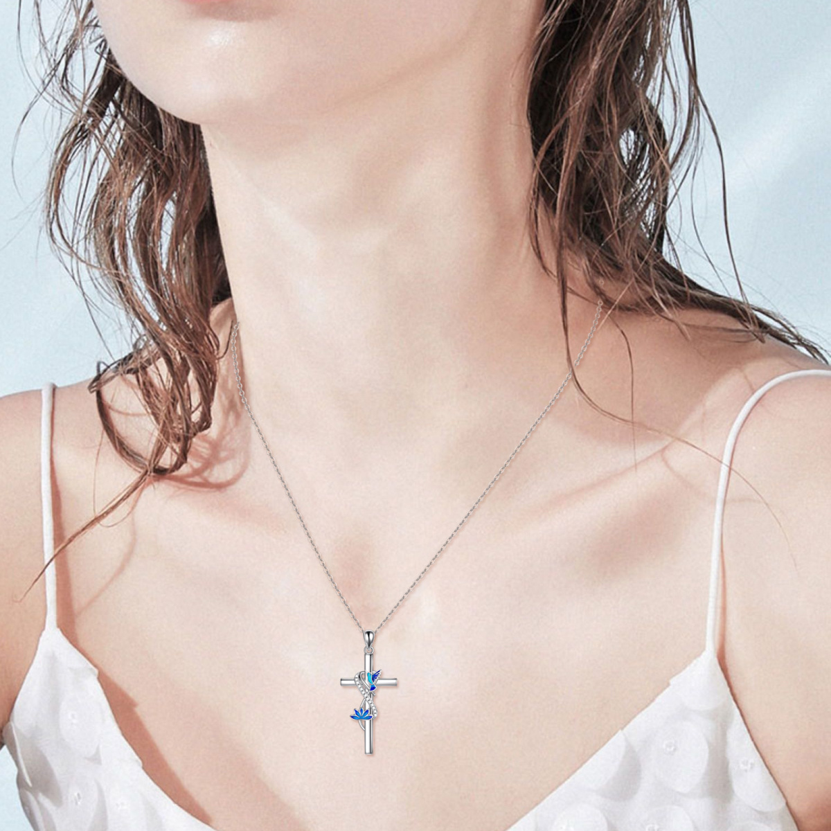 Sterling Silver Circular Shaped Cubic Zirconia Hummingbird & Cross Pendant Necklace-2