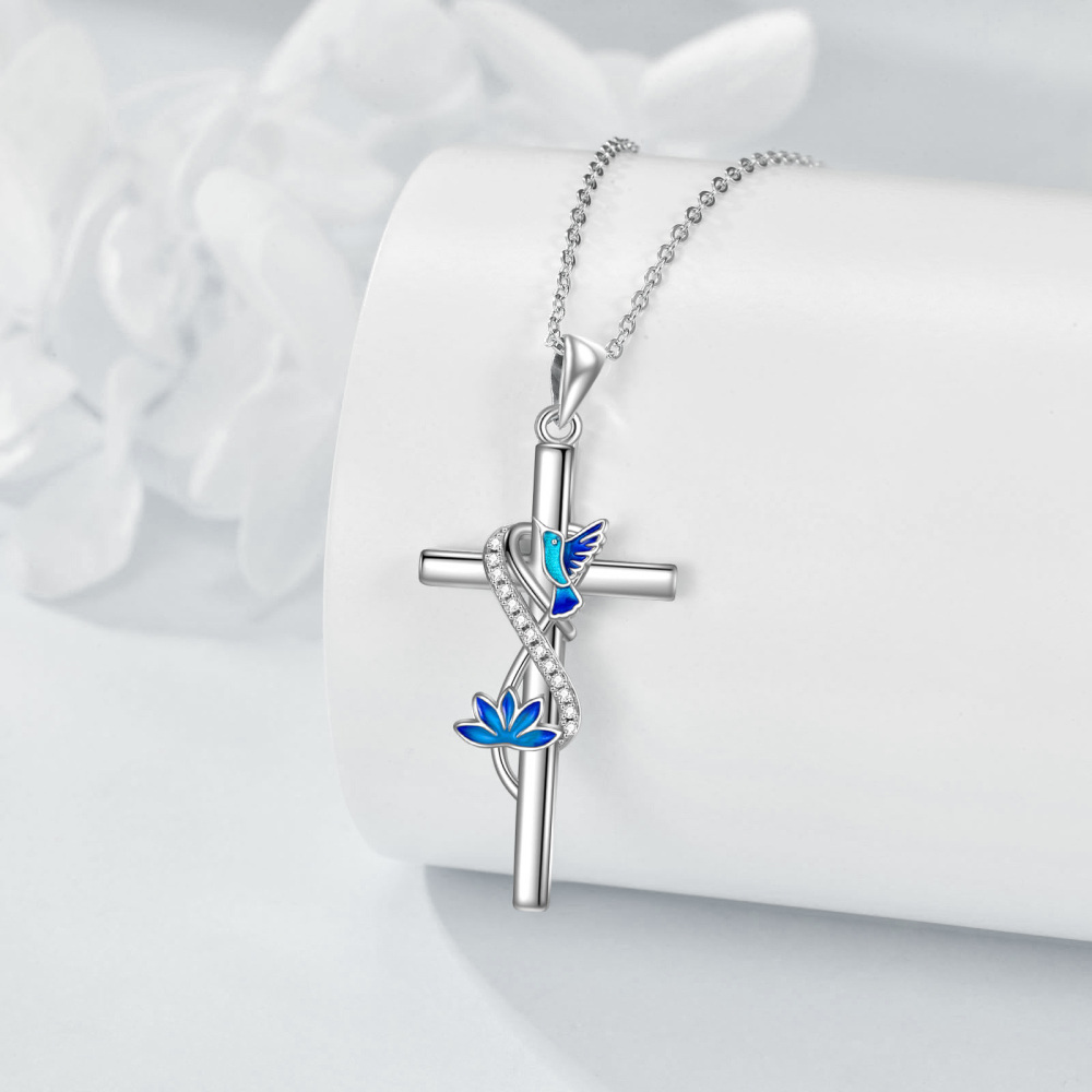 Sterling zilveren cirkelvormige cubic zirkonia kolibrie & kruis hanger ketting-3
