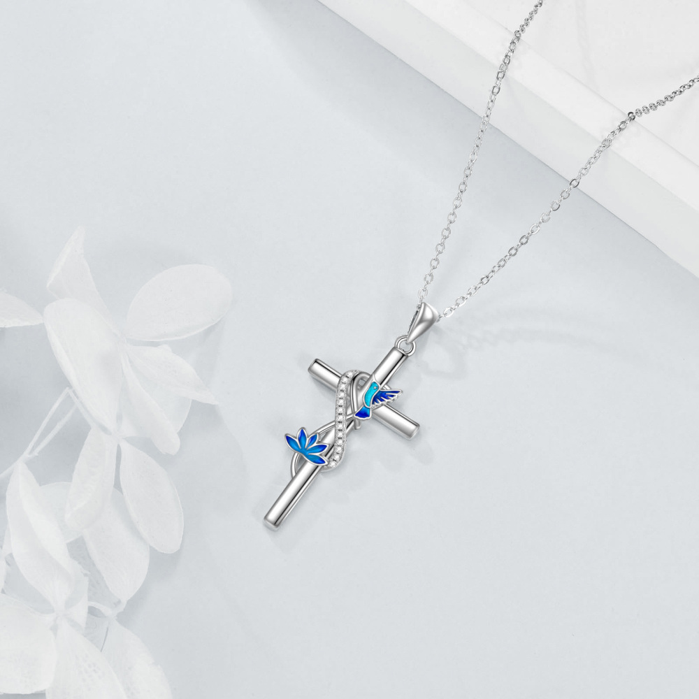 Sterling zilveren cirkelvormige cubic zirkonia kolibrie & kruis hanger ketting-4