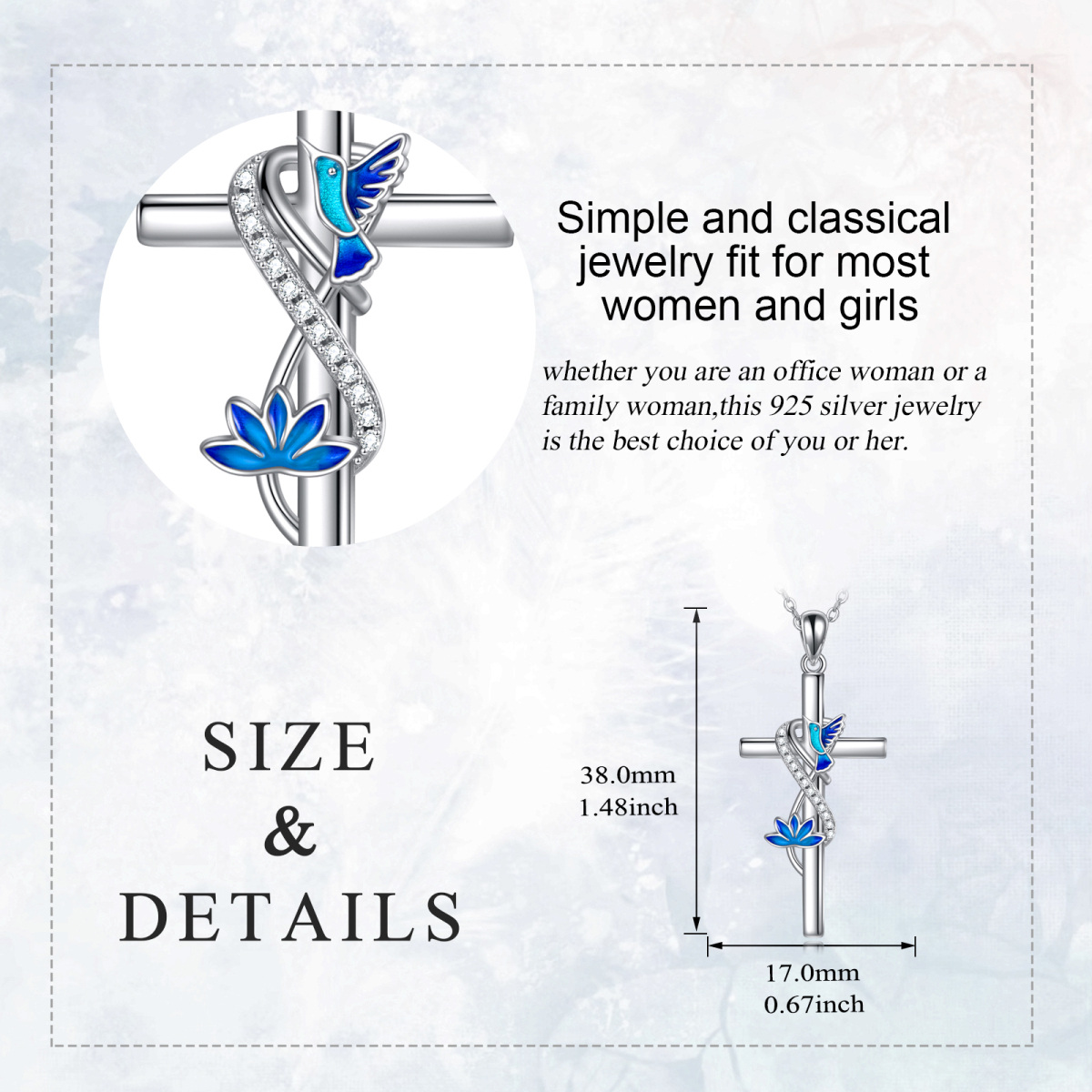 Sterling Silber kreisförmig Cubic Zirkonia Kolibri & Kreuz-Anhänger Halskette-5