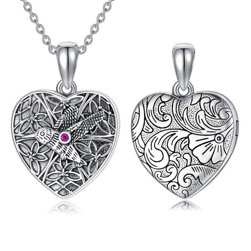 Sterling Silver Circular Shaped Hummingbird & Personalized Photo & Heart Personalized Photo Locket Necklace-1